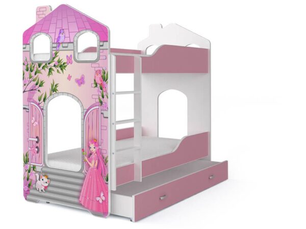 Różowo-białe łóżko z postacią księżniczki i zamku – bajkowy pokój