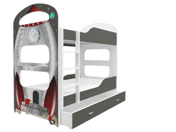 Szare łóżko z rakietą kosmiczną