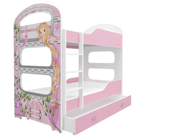 Białe łóżko piętrowe z różową ramą i dekoracyjnymi panelami
