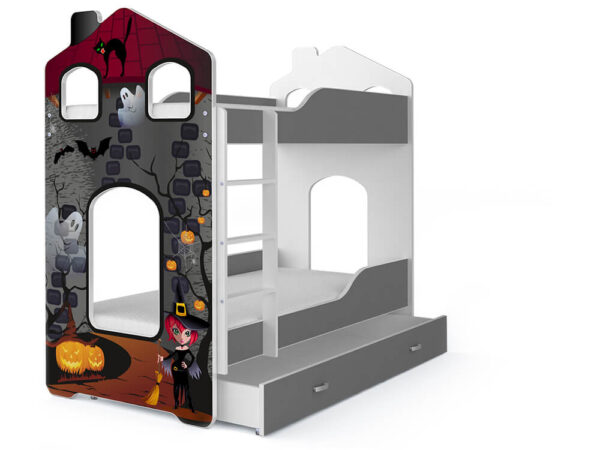 Łóżko piętrowe z motywem zamku rycerskiego – czerwono-szare wykończenie