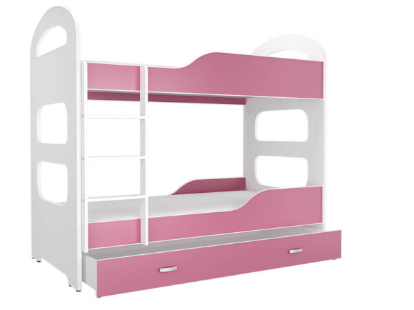Różowe łóżko piętrowe z miejscem do spania i dolną szufladą