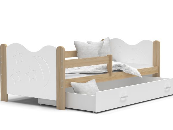 białe łóżko dziecięce z szufladą i zabezpieczeniem bocznym