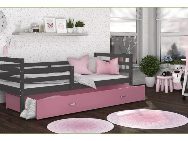 Czarne łóżko z różowymi poduszkami i szufladą