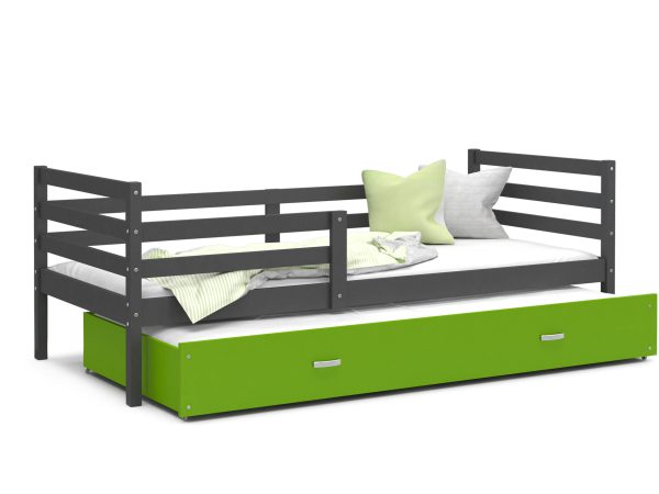 Szare łóżko z czarną barierką i szufladą na pościel