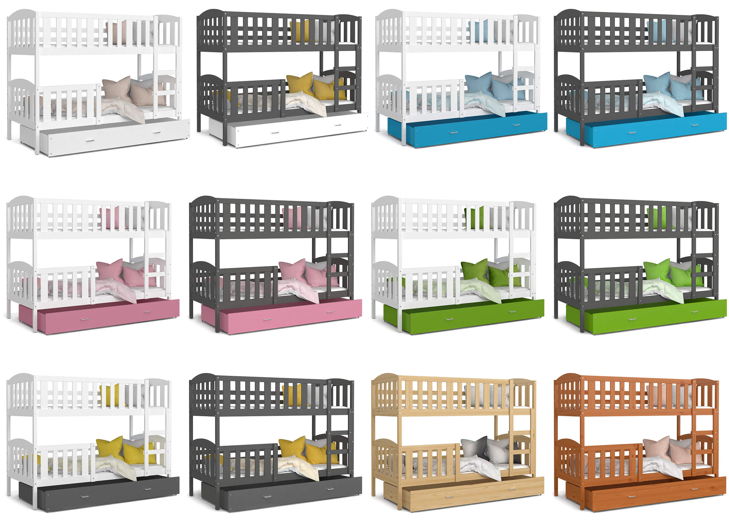 Kolaż różnych łóżek dziecięcych z pionową barierką