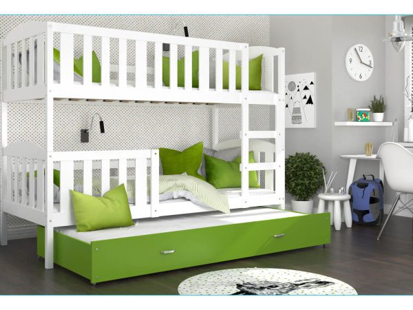 Zielone łóżko piętrowe z białymi szczebelkami