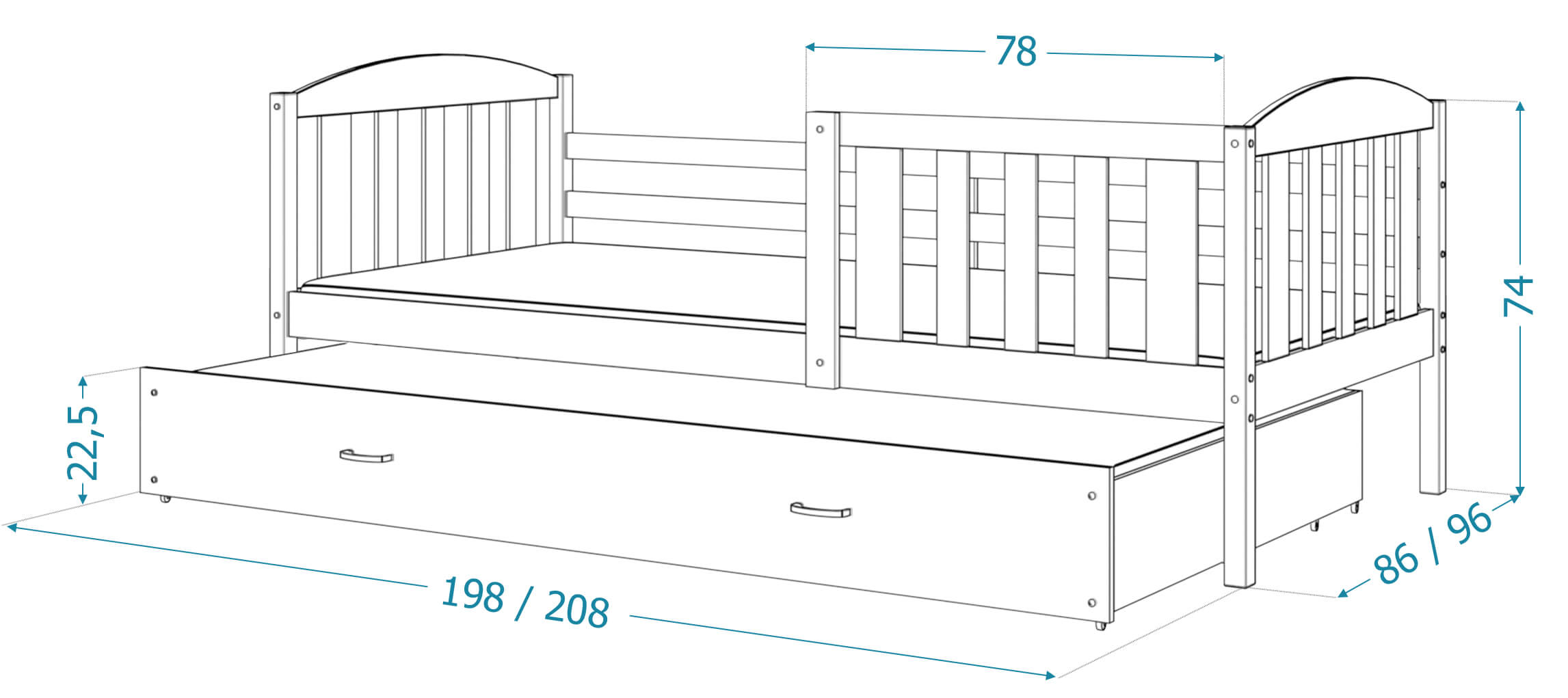 Techniczny rysunek łóżka z wymiarami