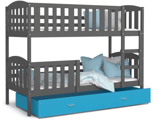 Białe łóżko piętrowe z szufladą i błękitną aranżacją