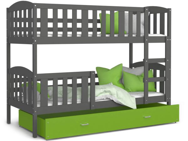 Grafitowe łóżko piętrowe z zieloną szufladą i dziecięcym wystrojem
