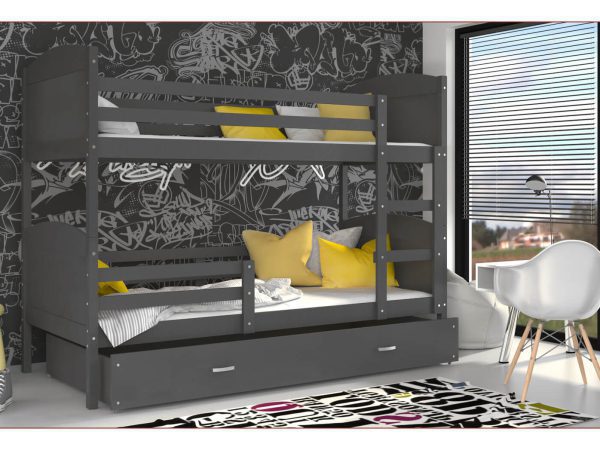 Czarne łóżko piętrowe z żółtymi poduszkami i pojemnikiem na pościel