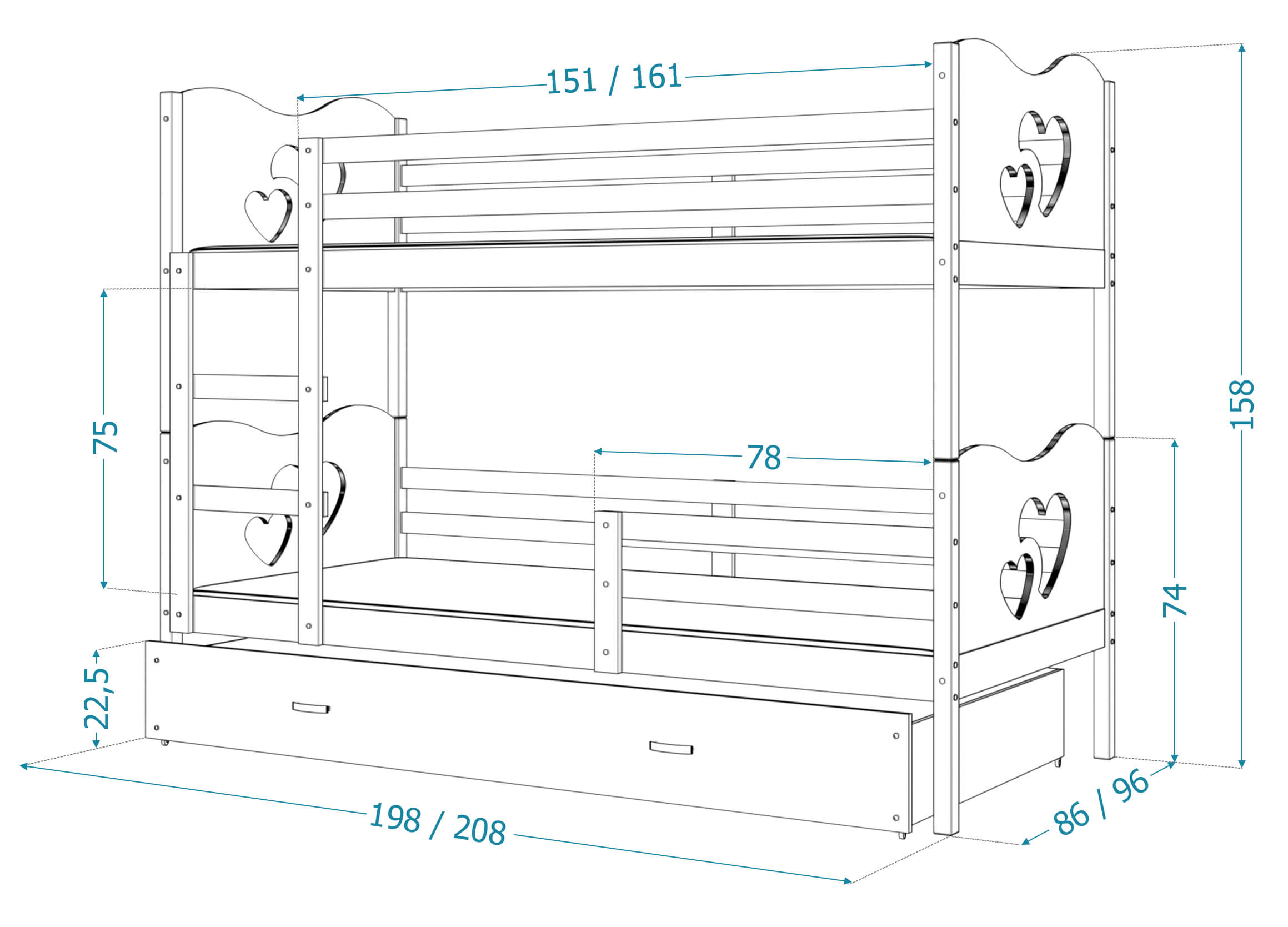 Rysunek techniczny łóżka piętrowego