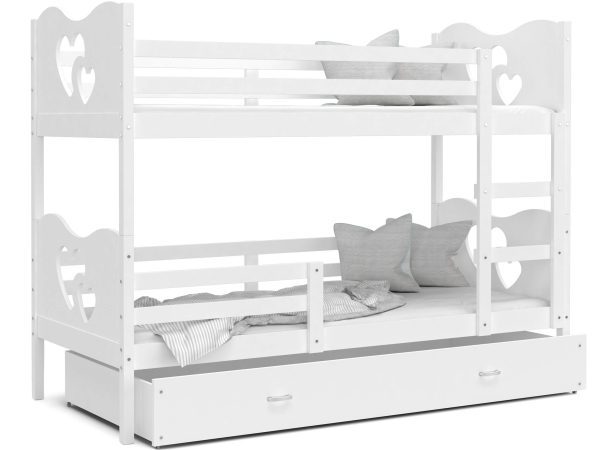 Białe łóżko piętrowe z zagłówkami w serca