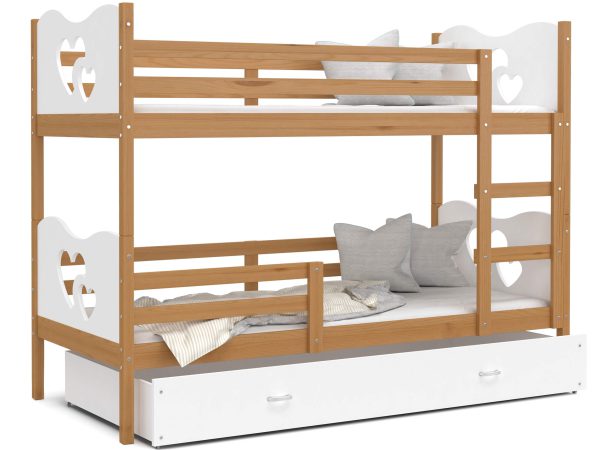 Drewniane łóżko piętrowe z białą szufladą i wysoką barierką
