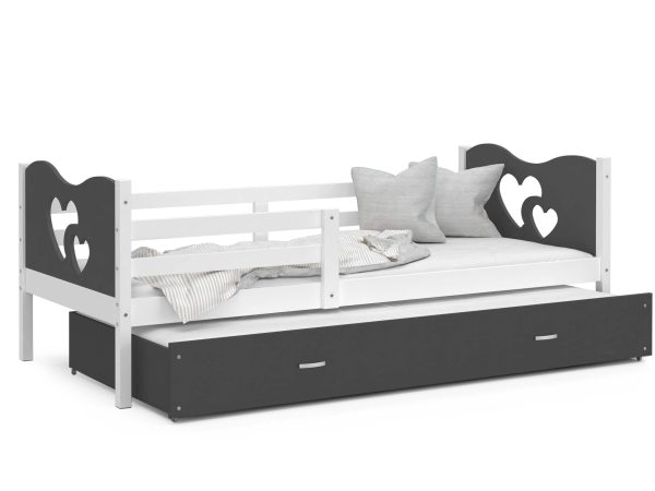 Czarno-białe łóżko dziecięce z szufladą i serduszkowym wycięciem