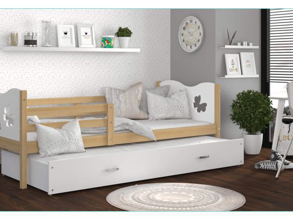 Drewniane łóżko dziecięce z naturalnym wykończeniem i białą szufladą