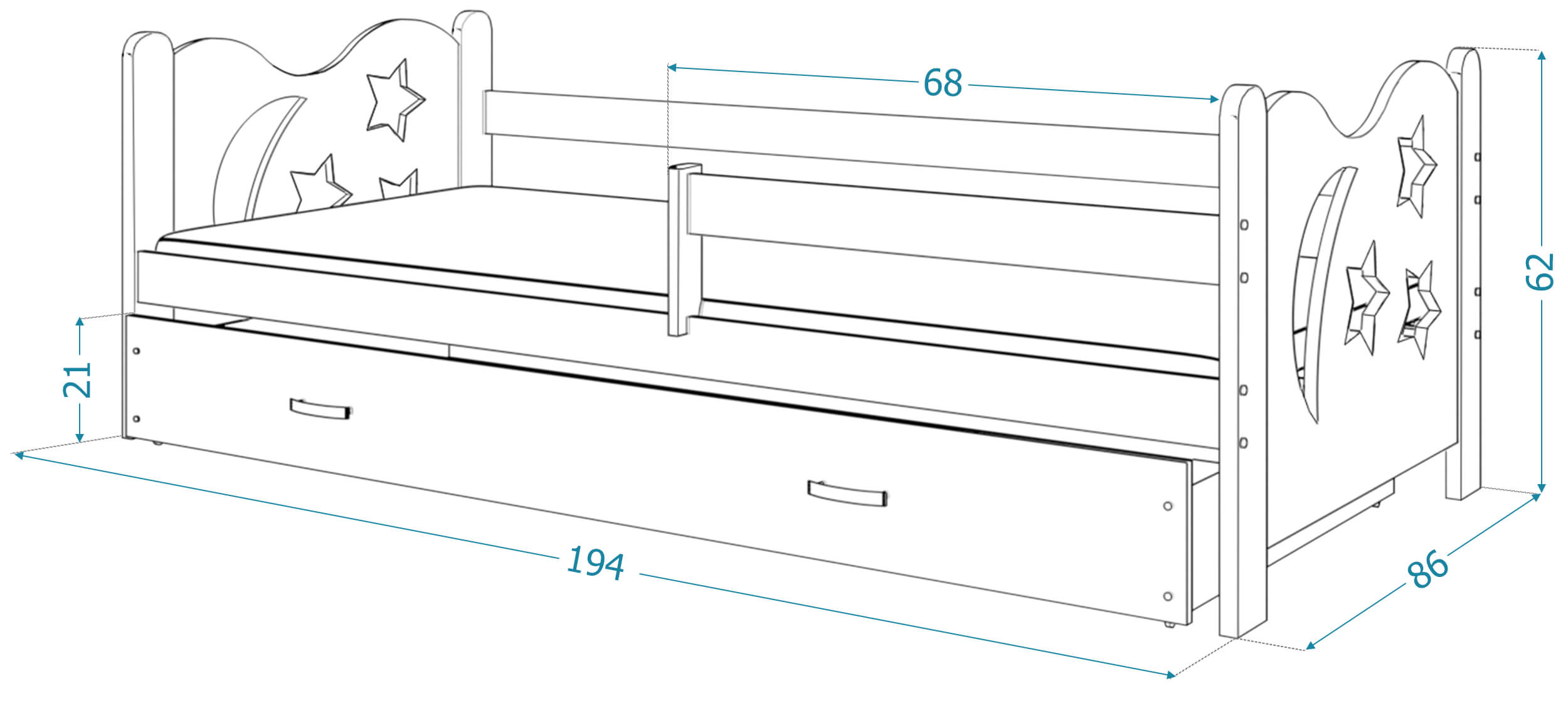 Rysunek techniczny łóżka z bokiem o długości 194 cm