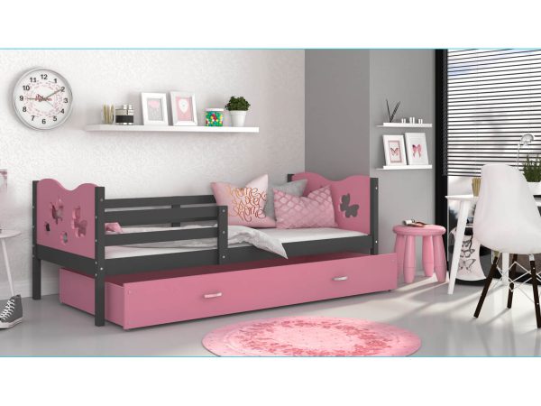 Łóżko dziecięce z różową szufladą i dekoracyjną ramą, styl dziewczęcy