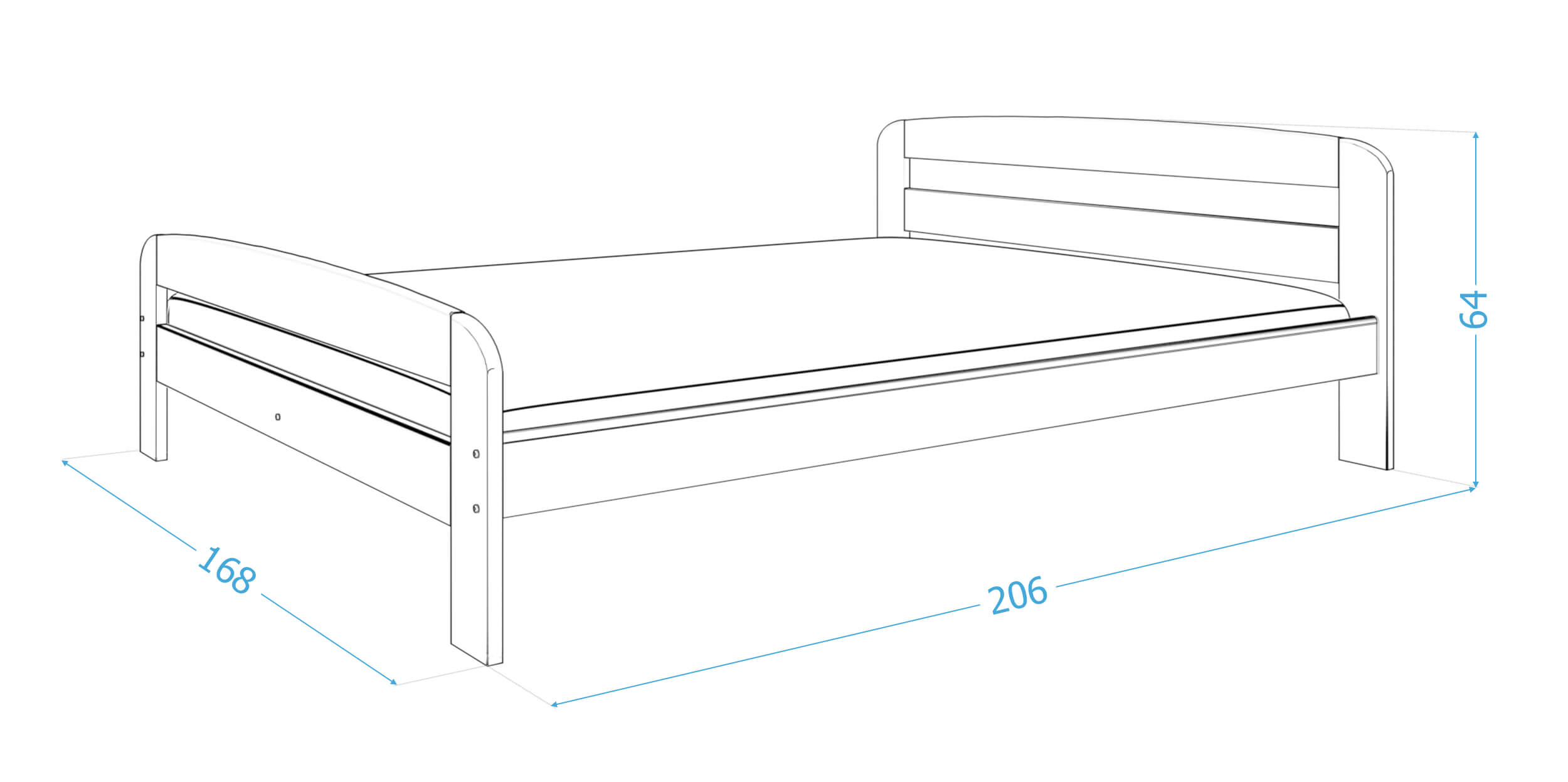 Techniczny rysunek łóżka z pojemnikiem i drewnianymi bokami
