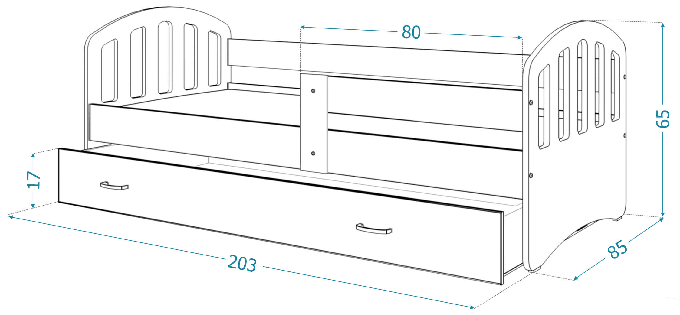 Rysunek techniczny łóżka dziecięcego 203 cm