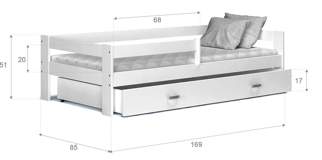 Szare łóżko dziecięce z szufladą i poduszką wraz z wymiarami