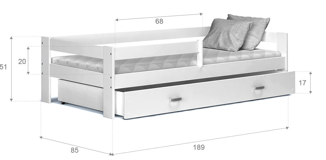 Białe łóżko z ochronną barierką z wymiarami