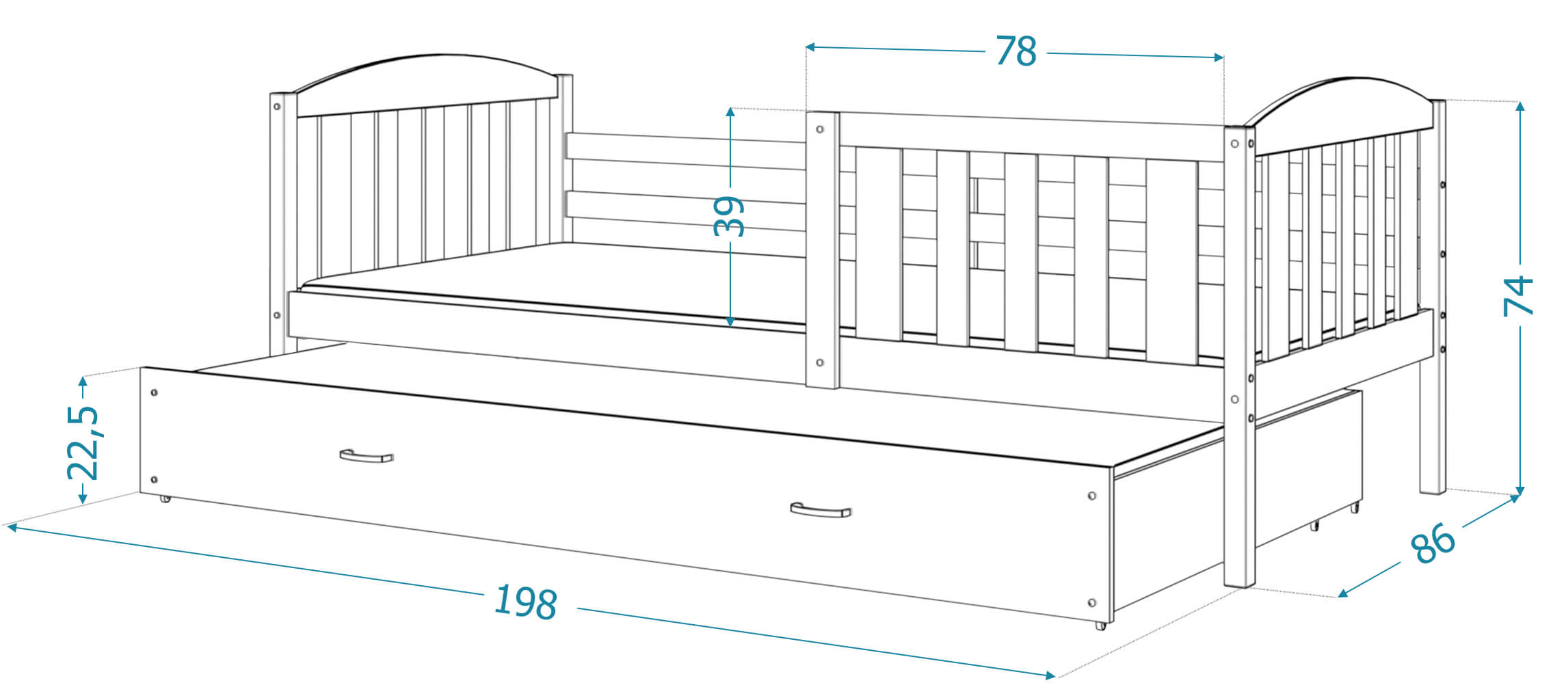 Techniczny rysunek łóżka dziecięcego – szerokość 198 cm
