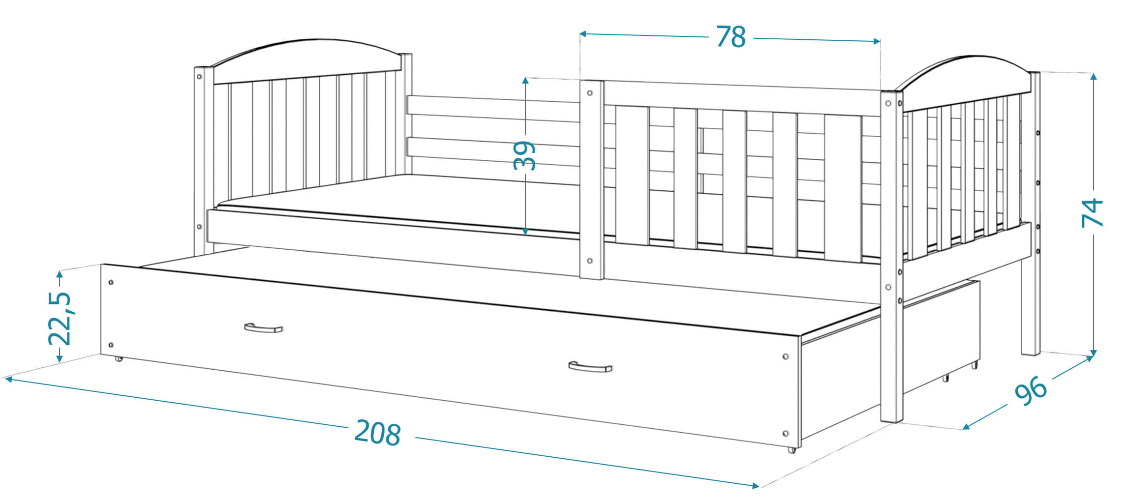 Techniczny rysunek łóżka z wymiarami – szerokość 208 cm