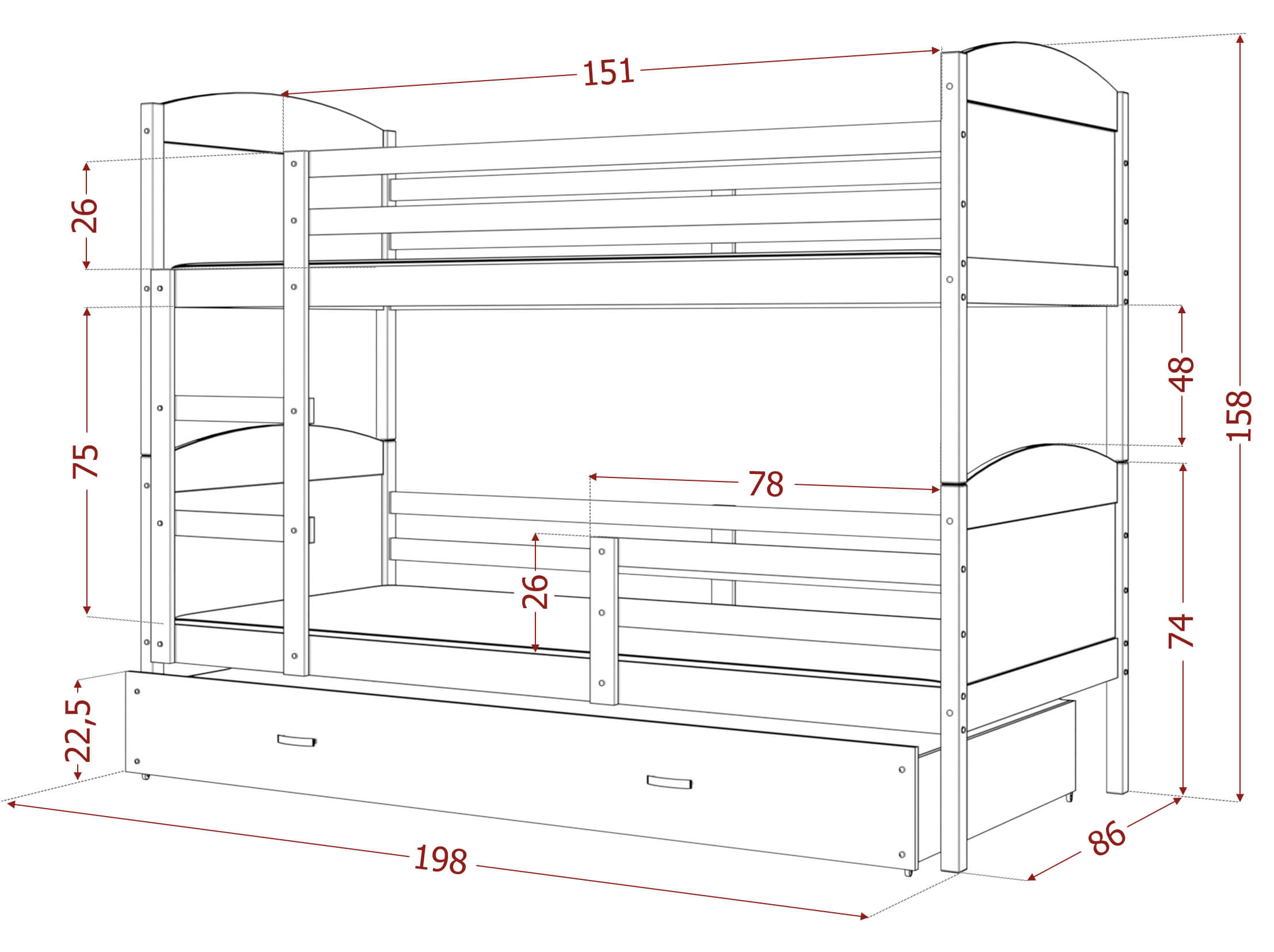 Rysunek techniczny łóżka piętrowego z barierką i wymiarami