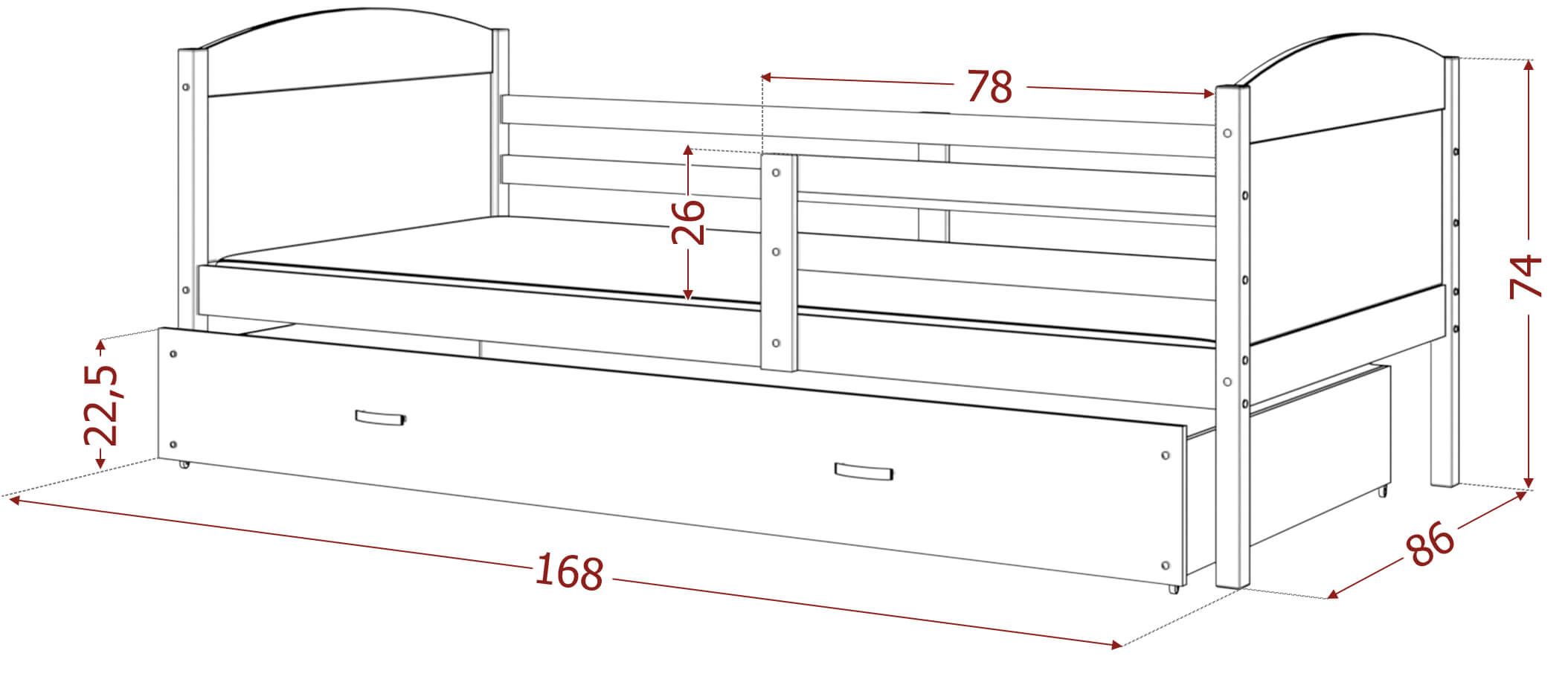 Wersja rysunkowa łóżka z szufladą o długości 168 cm