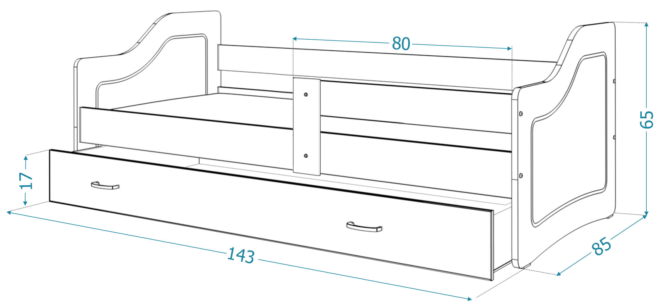 Schemat łóżka z prostą szufladą i wymiarem 143 cm