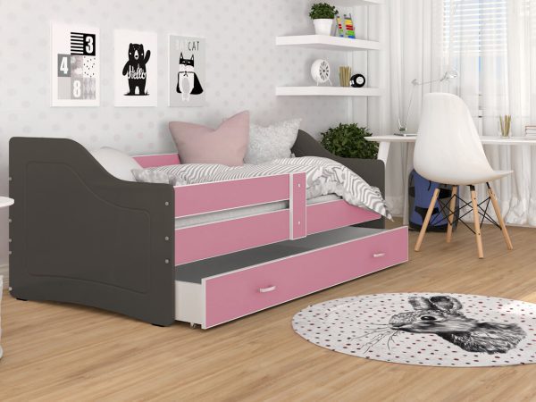 Szaro-różowe łóżko z szufladą