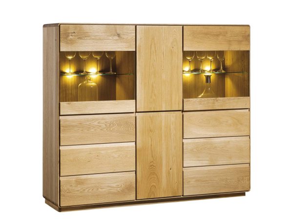 Komoda z przeszkloną witryną i szufladami – dąb naturalny, nowoczesny styl