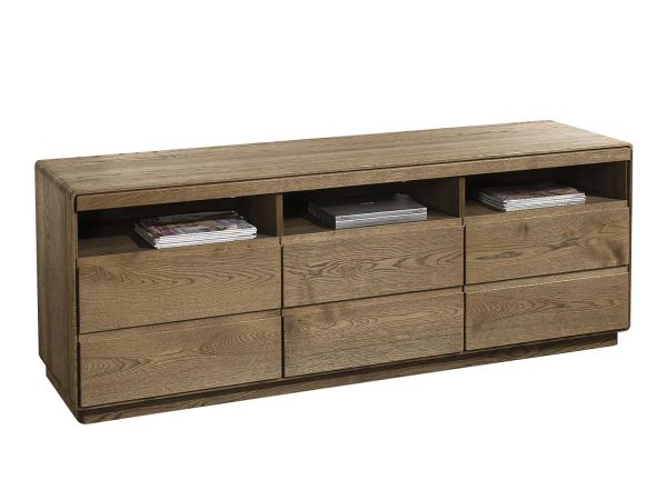 Szafka RTV z przegrodami i szufladami w ciemnym odcieniu drewna