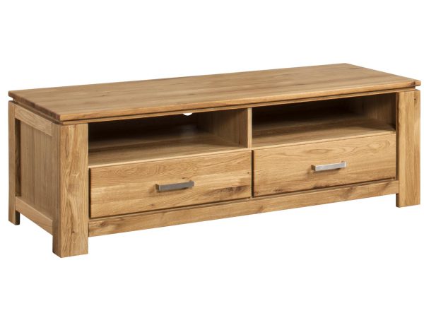 Drewniana szafka RTV z dwiema szufladami i otwartymi półkami