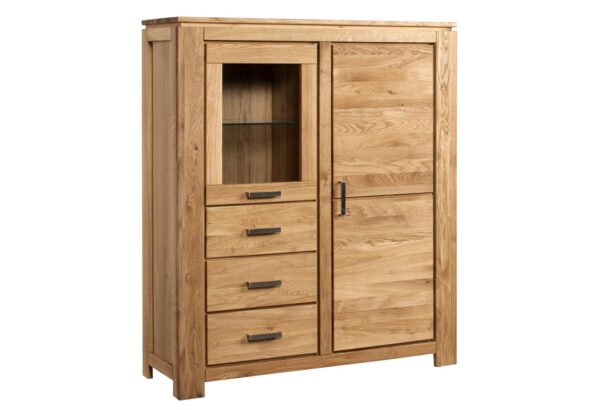 Drewniany kredens z dużą szafką i trzema szufladami z metalowymi uchwytami