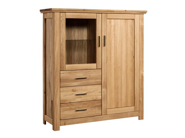 Kredens z drzwiami i trzema szufladami oraz przeszkleniem