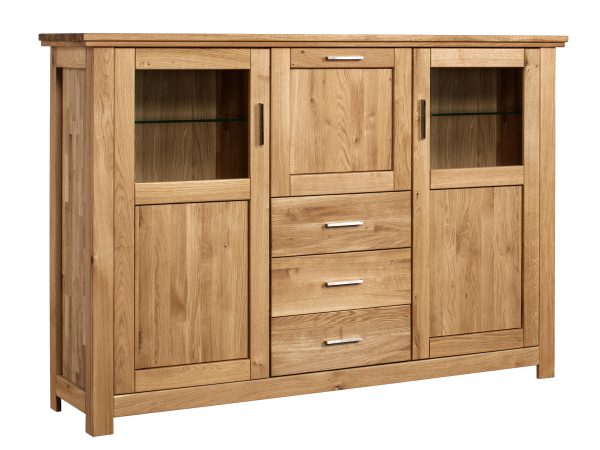 Drewniana komoda z przeszklonymi drzwiami i czterema szufladami