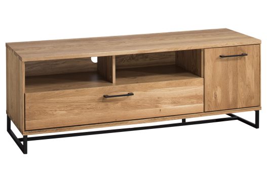 Komoda RTV z szufladą i szafką, dębowa na czarnych nogach