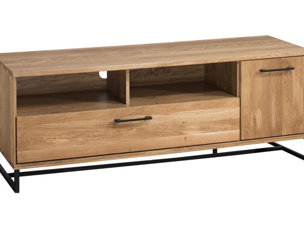 Komoda RTV z szufladą i szafką, dębowa na czarnych nogach