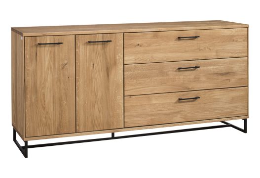 Komoda z trzema szufladami i szafką na czarnej podstawie