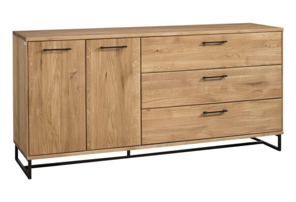 Komoda z trzema szufladami i szafką na czarnej podstawie