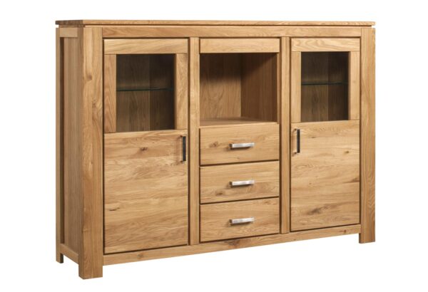 Kredens z szufladami i przeszklonymi drzwiczkami, dębowy styl klasyczny