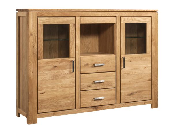 Kredens z szufladami i przeszklonymi drzwiczkami, dębowy styl klasyczny