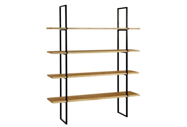 Minimalistyczny regał ścienny z drewnianymi półkami i metalową konstrukcją