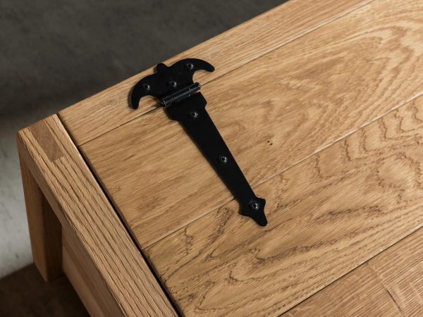 Detal zawiasu metalowego i struktury dębowej skrzyni, styl rustykalny