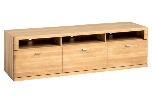 Długa szafka RTV z szufladami i otwartymi wnękami, styl dębowy