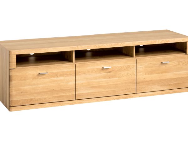 Długa szafka RTV z szufladami i otwartymi wnękami, styl dębowy