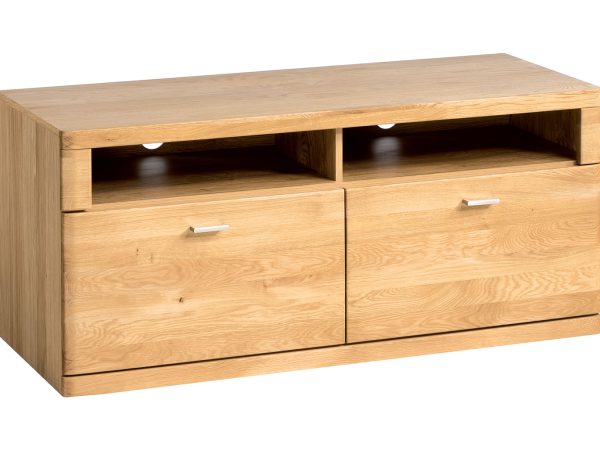 Niska szafka RTV z trzema sekcjami i otwartymi półkami