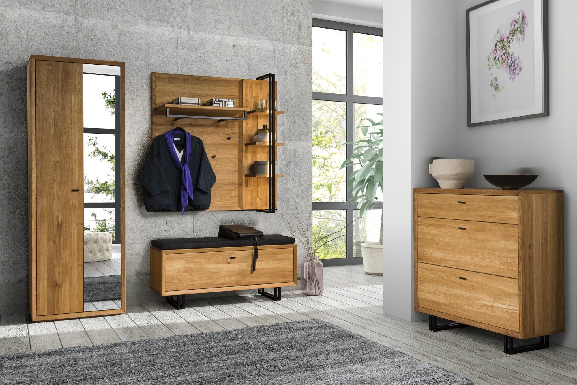 Przedpokój z drewnianymi meblami