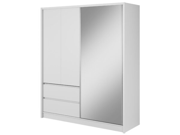 Biała szafa z lustrem i trzema szufladami w dolnej części